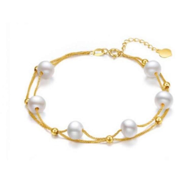 18k Gold Full Star Double Pearl Chopin Chain Natural Pearl Gold Bracelet Decorated With Gold Hand for Women