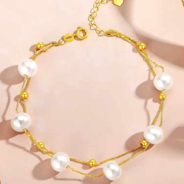 18k Gold Full Star Double Pearl Chopin Chain Natural Pearl Gold Bracelet Decorated With Gold Hand for Women