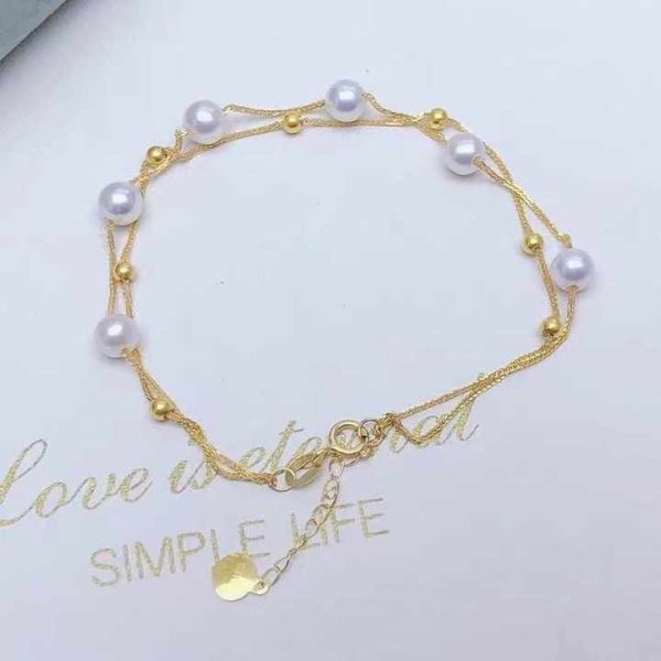 18k Gold Full Star Double Pearl Chopin Chain Natural Pearl Gold Bracelet Decorated With Gold Hand for Women