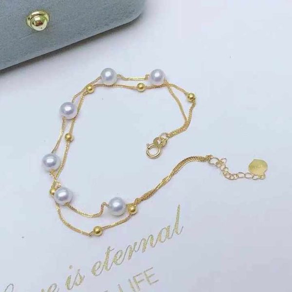 18k Gold Full Star Double Pearl Chopin Chain Natural Pearl Gold Bracelet Decorated With Gold Hand for Women