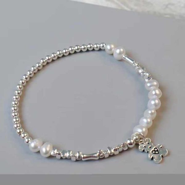 Fine Jewelry 925 Silver Natural Freshwater Pearl Beads Bracelet Bamboo Knots Broken Silver Bear Biscuit Pendant Gift