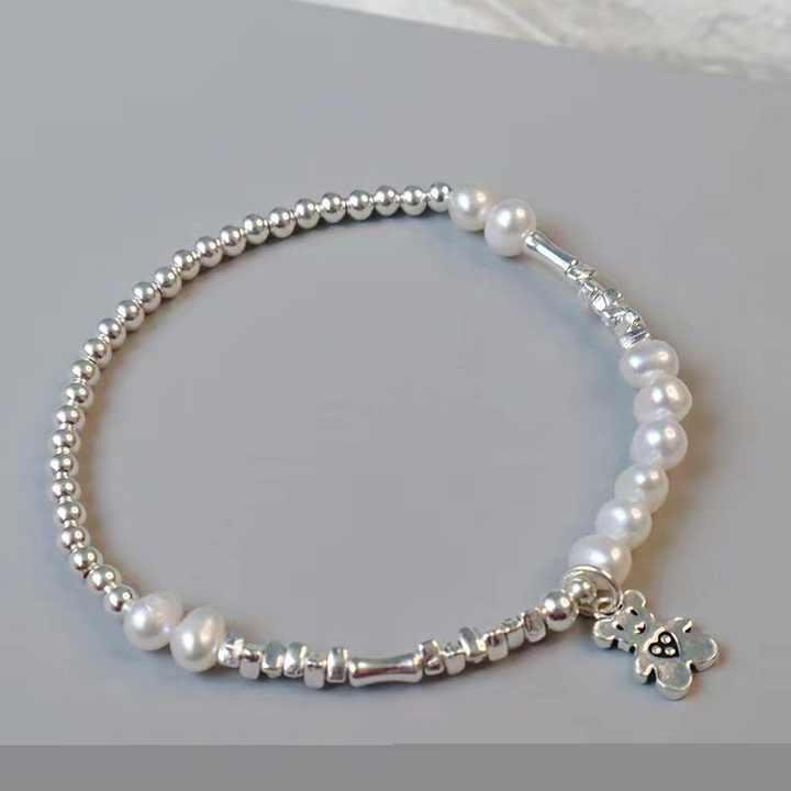 Fine Jewelry 925 Silver Natural Freshwater Pearl Beads Bracelet Bamboo Knots Broken Silver Bear Biscuit Pendant Gift
