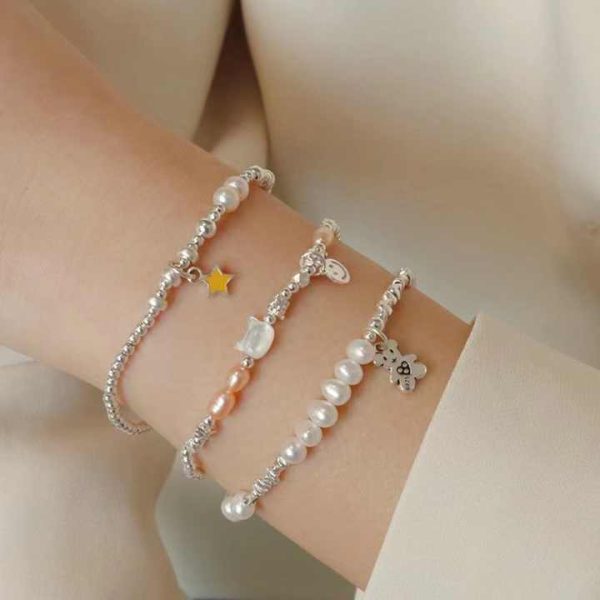 Fine Jewelry 925 Silver Natural Freshwater Pearl Beads Bracelet Bamboo Knots Broken Silver Bear Biscuit Pendant Gift