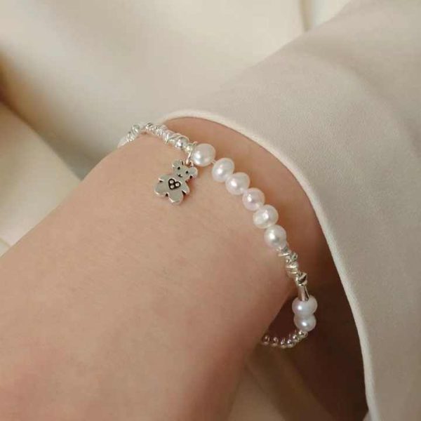 Fine Jewelry 925 Silver Natural Freshwater Pearl Beads Bracelet Bamboo Knots Broken Silver Bear Biscuit Pendant Gift