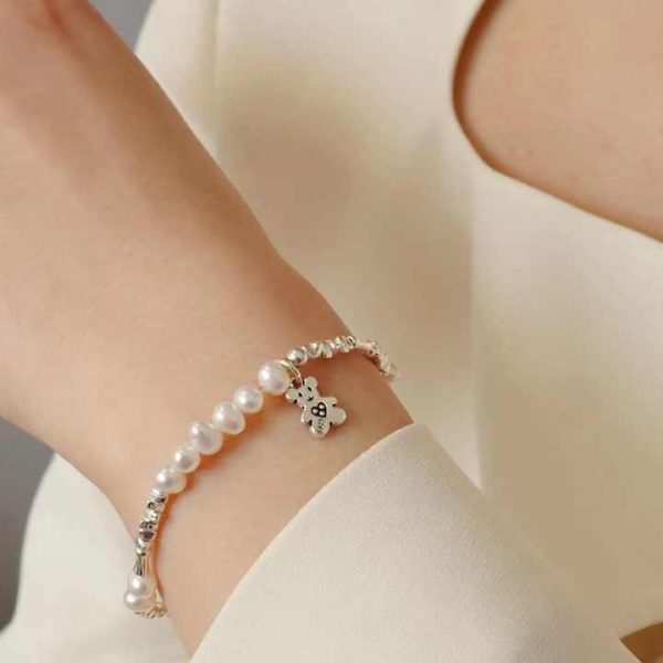 Fine Jewelry 925 Silver Natural Freshwater Pearl Beads Bracelet Bamboo Knots Broken Silver Bear Biscuit Pendant Gift