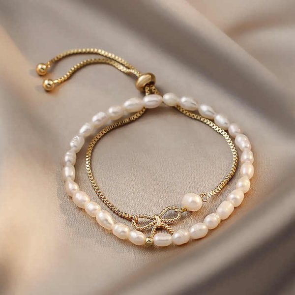 Korea Fashion Baroque Freshwater Pearl Bracelet Adjustable Gold Plated Box Chain Bowknot Charm Bracelet