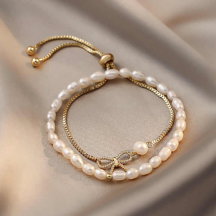 Korea Fashion Baroque Freshwater Pearl Bracelet Adjustable Gold Plated Box Chain Bowknot Charm Bracelet
