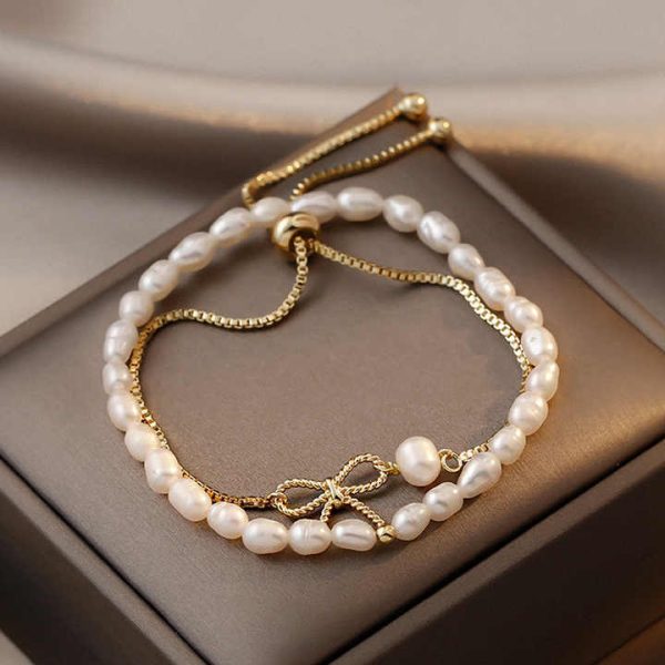Korea Fashion Baroque Freshwater Pearl Bracelet Adjustable Gold Plated Box Chain Bowknot Charm Bracelet