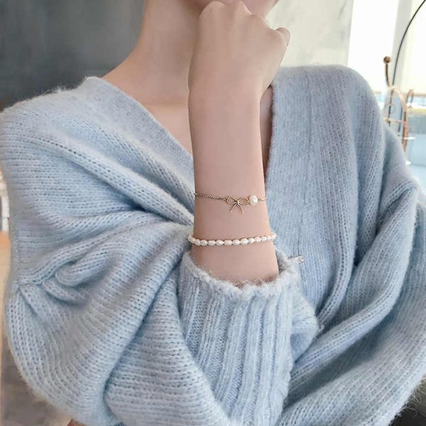 Korea Fashion Baroque Freshwater Pearl Bracelet Adjustable Gold Plated Box Chain Bowknot Charm Bracelet