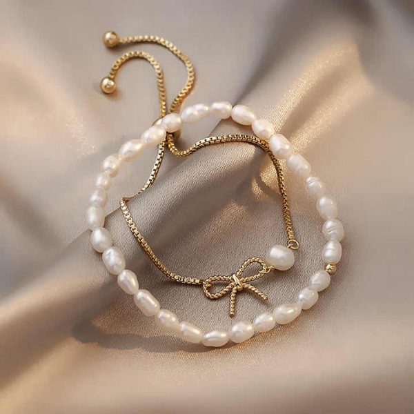 Korea Fashion Baroque Freshwater Pearl Bracelet Adjustable Gold Plated Box Chain Bowknot Charm Bracelet
