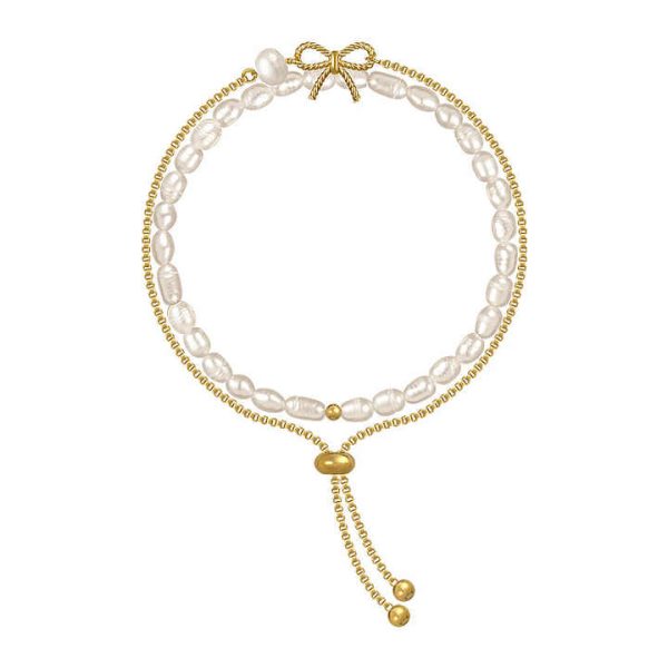 Korea Fashion Baroque Freshwater Pearl Bracelet Adjustable Gold Plated Box Chain Bowknot Charm Bracelet