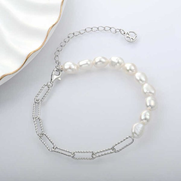 Wholesale Fashion Style Jewelry Irregular Fresh Water Pearl Sterling Silver Link Chain Bracelets for Women