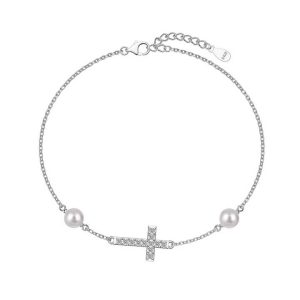 Stylish Jewelry Women S925 Silver Link Chain Religious Cross 5A Cubic Zirconia Pearl Charm Bracelets for Daily Dress up