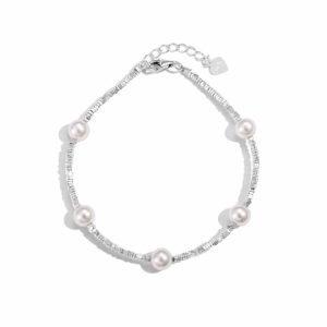 Women's 925 Sterling Silver Chain Link Bracelet with Pearl Accent and Geometric Crushed Silver Design, Customizable Classic Jewelry for Weddings or Everyday Wear