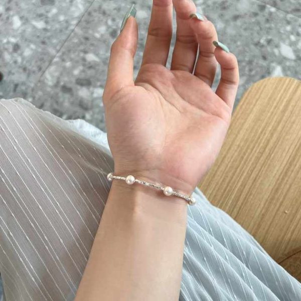 New S925 Silver Bracelet Women's Tamsui Pearl Crushed Silver Design Personalized Fashion Wedding Jewelry