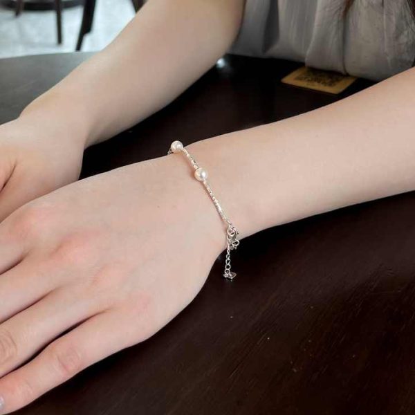 New S925 Silver Bracelet Women's Tamsui Pearl Crushed Silver Design Personalized Fashion Wedding Jewelry