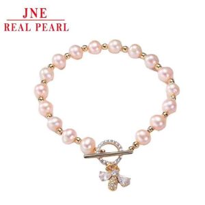 Women's Freshwater Pearl Beaded Bracelet with Orange Bee Design for Valentine Gift, Anniversary, and Wedding Jewelry