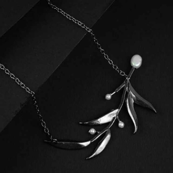 Elegant Handmade 925 Silver Sterling Fine Pendants & Charms Leaf Design with Pearl Stone Bridal Pendant Necklace