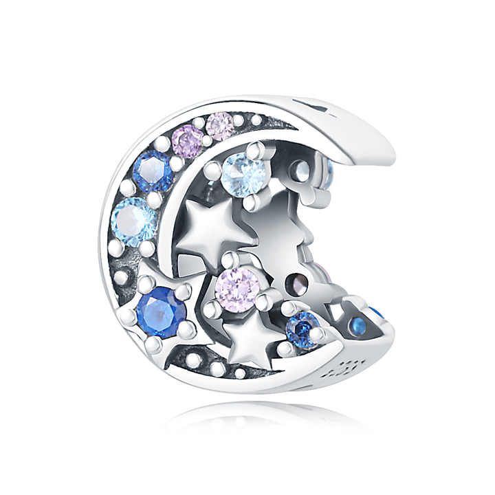 Wholesale Sterling Silver 925 Charm Colorful Zirconia Inlaid Moon and Star Beads Diy Bracelet Jewelry Accessories