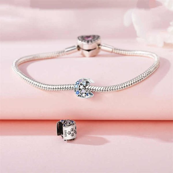 Wholesale Sterling Silver 925 Charm Colorful Zirconia Inlaid Moon and Star Beads Diy Bracelet Jewelry Accessories