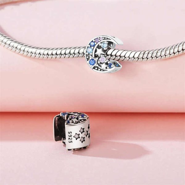 Wholesale Sterling Silver 925 Charm Colorful Zirconia Inlaid Moon and Star Beads Diy Bracelet Jewelry Accessories