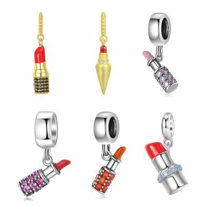 925 Sterling Silver Lipstick Charm Pendant with Zircon for Women Jewelry Making Bracelet Necklace