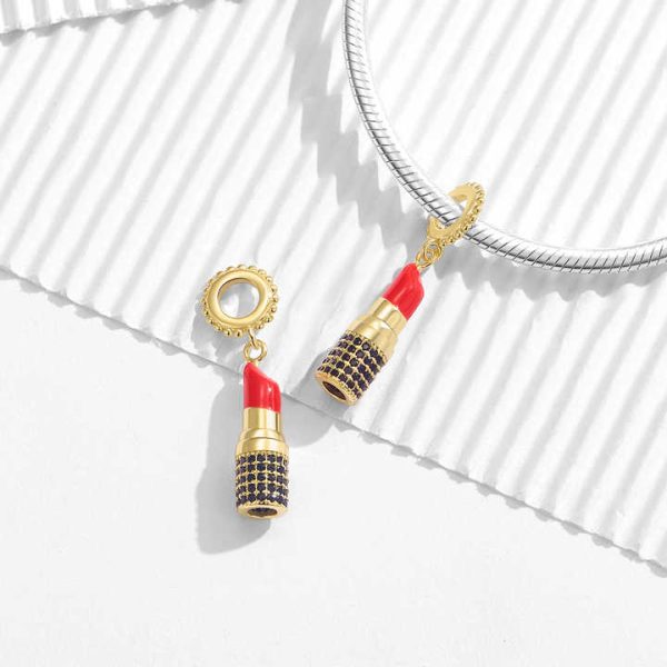 Delicate Lipstick Pendant Charm Real 925 Sterling Silver Zircon Beads for Women Charm Bracelet Necklace Fashions Jewelry Making