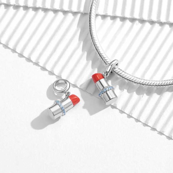 Delicate Lipstick Pendant Charm Real 925 Sterling Silver Zircon Beads for Women Charm Bracelet Necklace Fashions Jewelry Making
