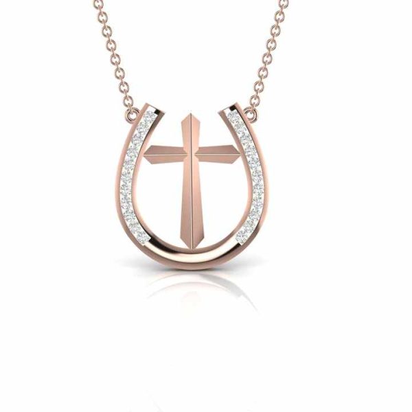 14kt White Yellow & Rose Gold U-Shaped Cross Religious Pendant with Real Diamond 5.73 Grams Cute Style Fine Jewelry for Women