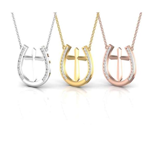 14kt White Yellow & Rose Gold U-Shaped Cross Religious Pendant with Real Diamond 5.73 Grams Cute Style Fine Jewelry for Women