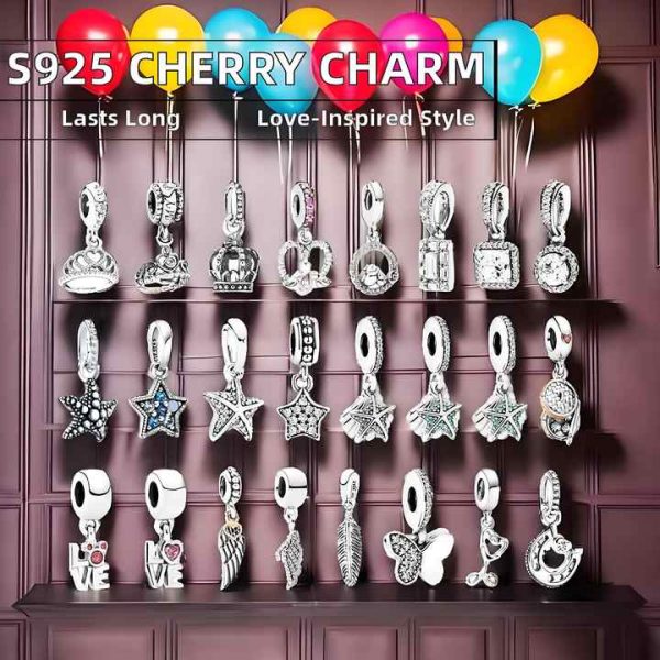 S925 Sterling Silver Heart-Shaped Cherry Bracelet Pendant DIY Romantic Lucky Eye Rhodium Plated Charm Zircon Wholesale Jewelry