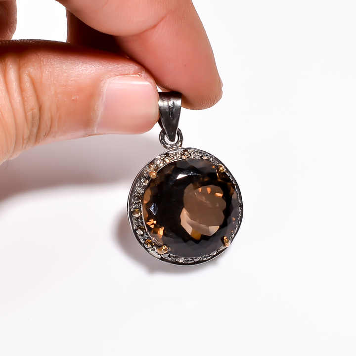 925 Sterling Silver Black Rhodium Diamond Silver Pendant Natural Smokey Quartz Silver Jewelry Indian Manufacture Factory Rate