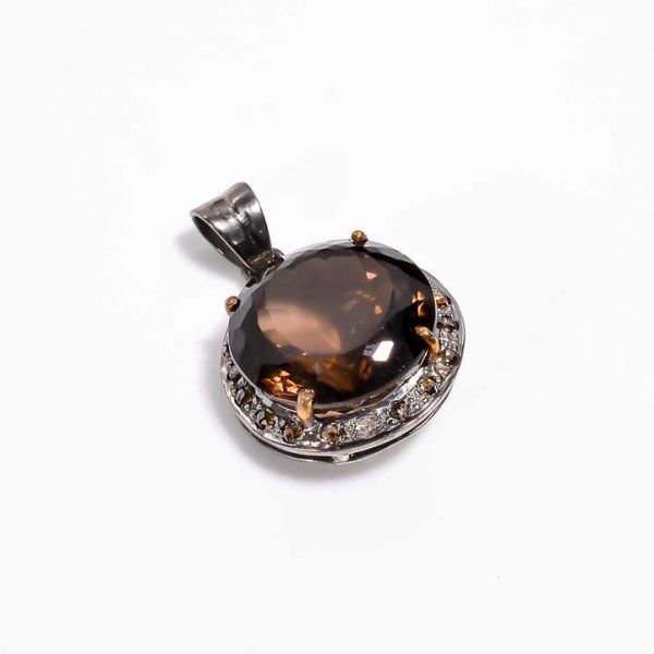 925 Sterling Silver Black Rhodium Diamond Silver Pendant Natural Smokey Quartz Silver Jewelry Indian Manufacture Factory Rate
