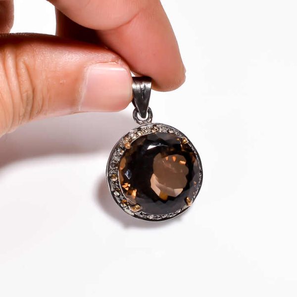 925 Sterling Silver Black Rhodium Diamond Silver Pendant Natural Smokey Quartz Silver Jewelry Indian Manufacture Factory Rate