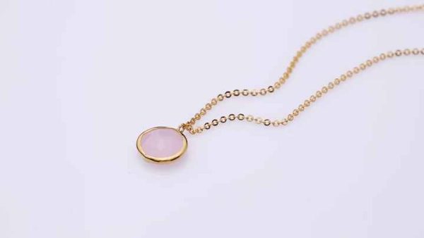 925 Sterling Silver Charm Necklace with Pink Quartz Gemstone Gold Bezel Geometric Pendant for Engagement Party Wedding Gift