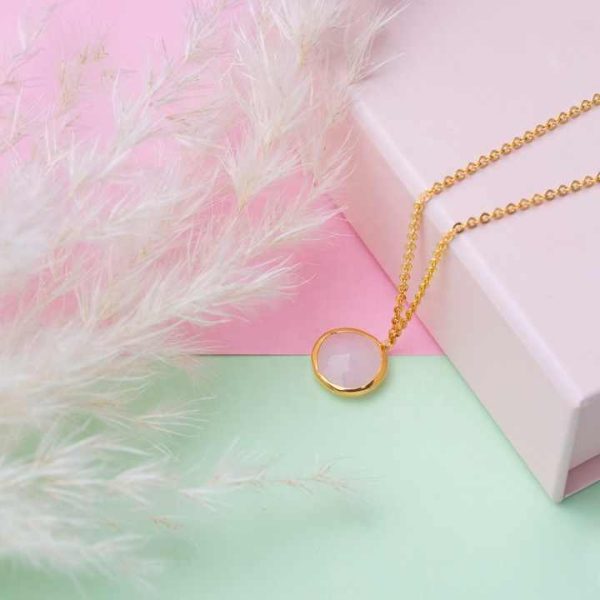 Turkish Handcrafted Fine Jewelry 925 Silver Charm Necklace Pink Quartz 22K Gold Bezel Trendy Geometric Pattern Engagement Party