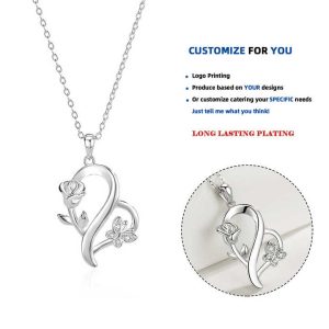 Fine Jewelry Simple Sterling Silver Heart-Shaped Red Rose Pendant Fashionable Temperament Style Rhodium Plating Gold Necklace