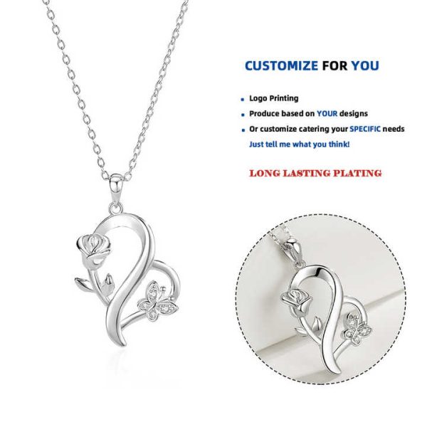 Fine Jewelry Simple Sterling Silver Heart-Shaped Red Rose Pendant Fashionable Temperament Style Rhodium Plating Gold Necklace