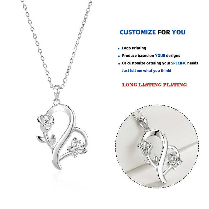 Fine Jewelry Simple Sterling Silver Heart-Shaped Red Rose Pendant Fashionable Temperament Style Rhodium Plating Gold Necklace