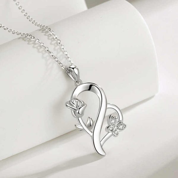 Fine Jewelry Simple Sterling Silver Heart-Shaped Red Rose Pendant Fashionable Temperament Style Rhodium Plating Gold Necklace