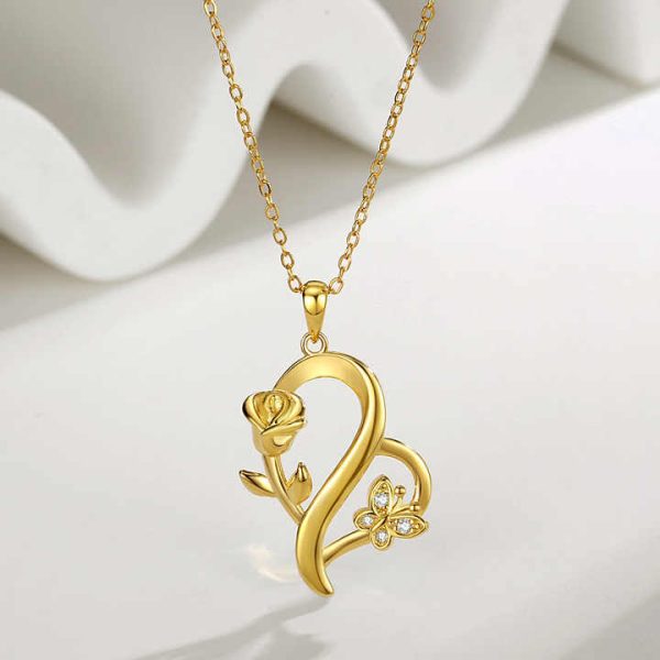 Fine Jewelry Simple Sterling Silver Heart-Shaped Red Rose Pendant Fashionable Temperament Style Rhodium Plating Gold Necklace