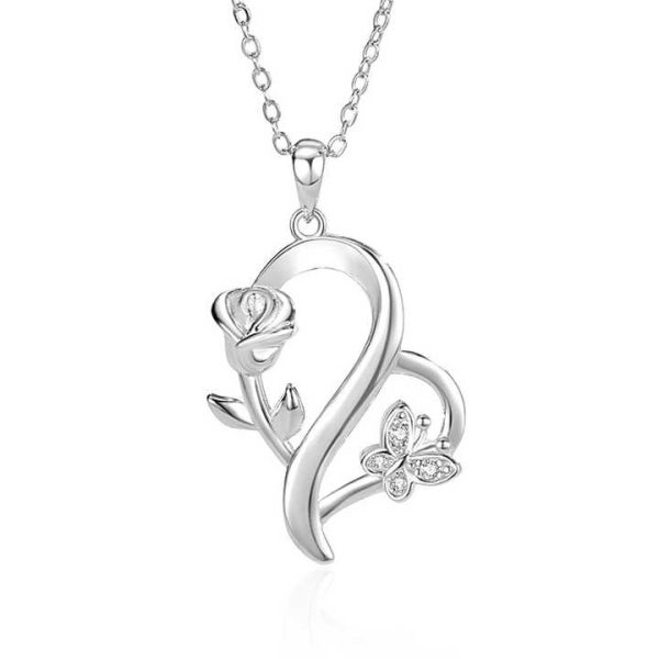 Fine Jewelry Simple Sterling Silver Heart-Shaped Red Rose Pendant Fashionable Temperament Style Rhodium Plating Gold Necklace