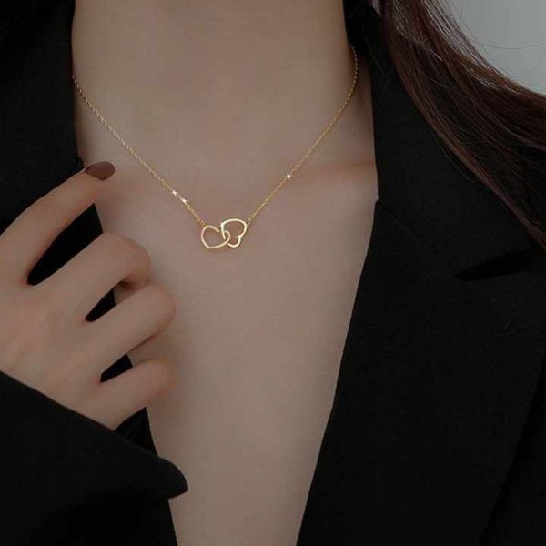 925 Sterling Silver 18K Gold Plated Heart to Heart Double Heart Pendant Necklace for Mother's Day Valentine's Day Gift