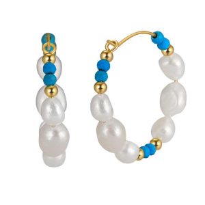 925 Sterling Silver Hoop Earrings with Natural Freshwater Rice Pearl and Turquoise Beads, Bohemian Trendy Jewelry