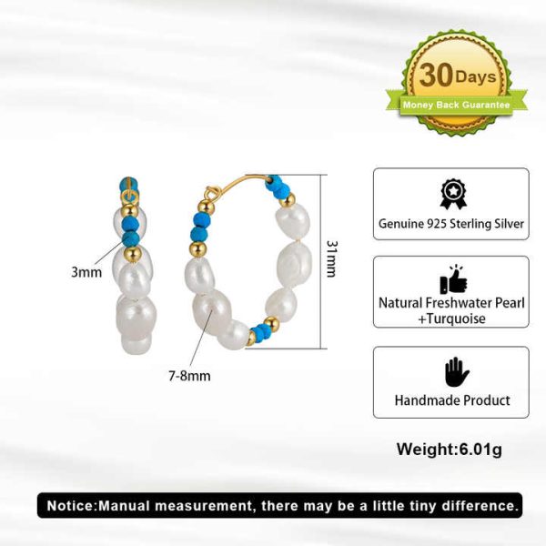 MPE02 Candy Color Bohemian Rice Grain Shape Freshwater Pearl with Turquoise Beaded 925 Sterling Silver Earrings Jewelry