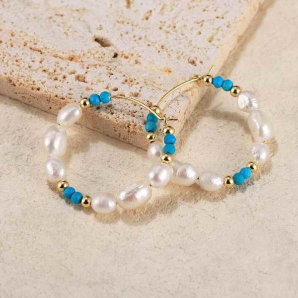 MPE02 Candy Color Bohemian Rice Grain Shape Freshwater Pearl with Turquoise Beaded 925 Sterling Silver Earrings Jewelry