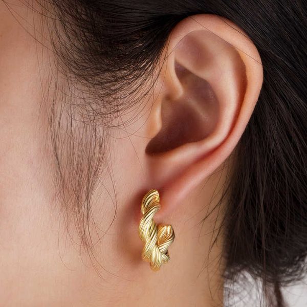 925 Sterling Silver Bold Vermeil Gold Plated 14K Chunky C Hoop Twist Huggie Earring