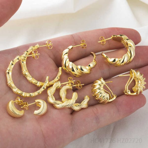 925 Sterling Silver Bold Vermeil Gold Plated 14K Chunky C Hoop Twist Huggie Earring