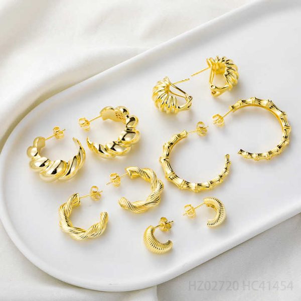 925 Sterling Silver Bold Vermeil Gold Plated 14K Chunky C Hoop Twist Huggie Earring