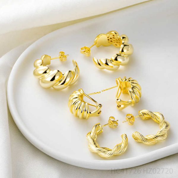 925 Sterling Silver Bold Vermeil Gold Plated 14K Chunky C Hoop Twist Huggie Earring